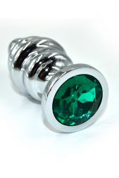 Ребристая анальная пробка Silver Medium с зелёным кристаллом